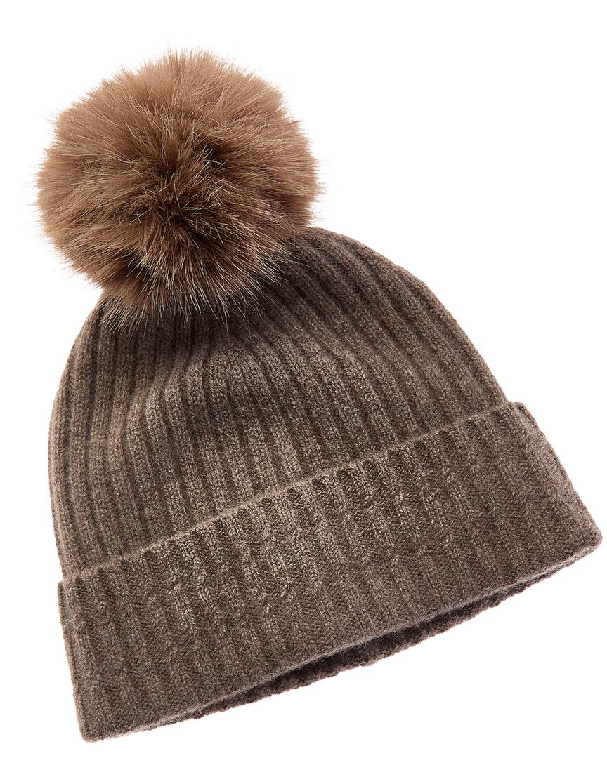 Amicale Cashmere Cable Detail Rib Cuffed Cashmere Hat
