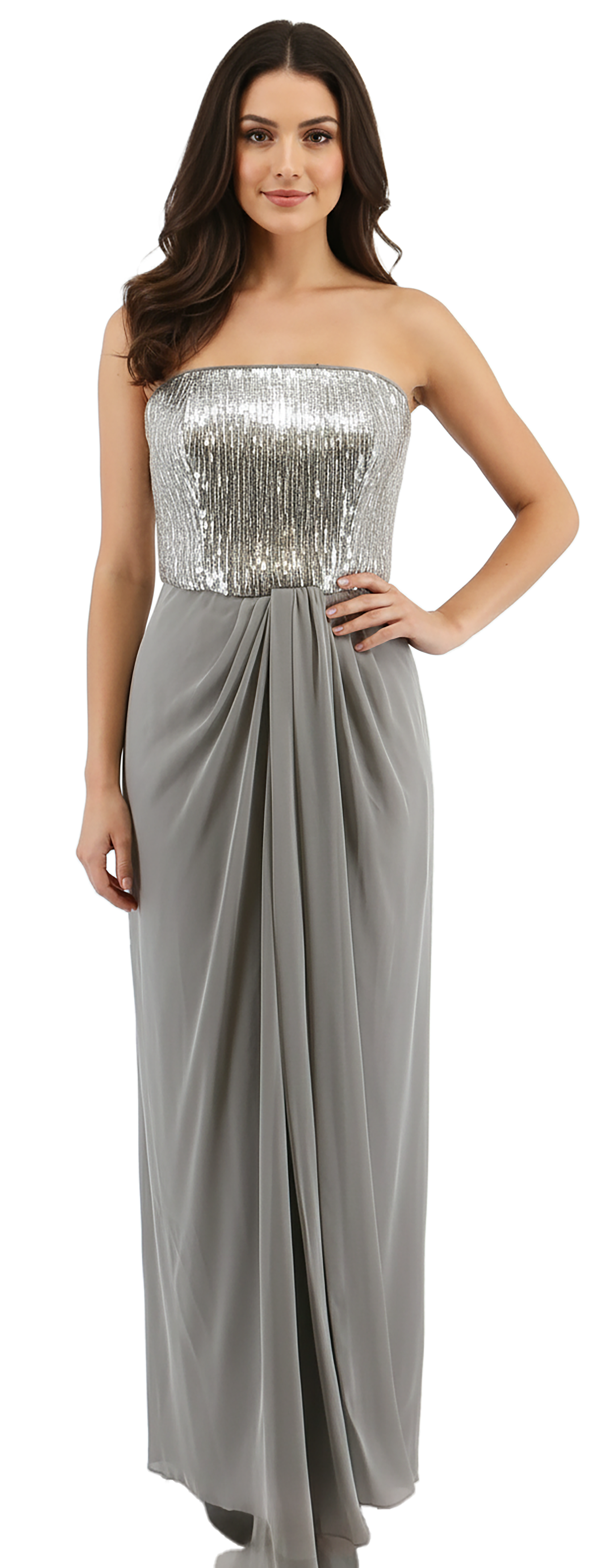 Emporio Armani Silver Beaded Column Strapless Gown