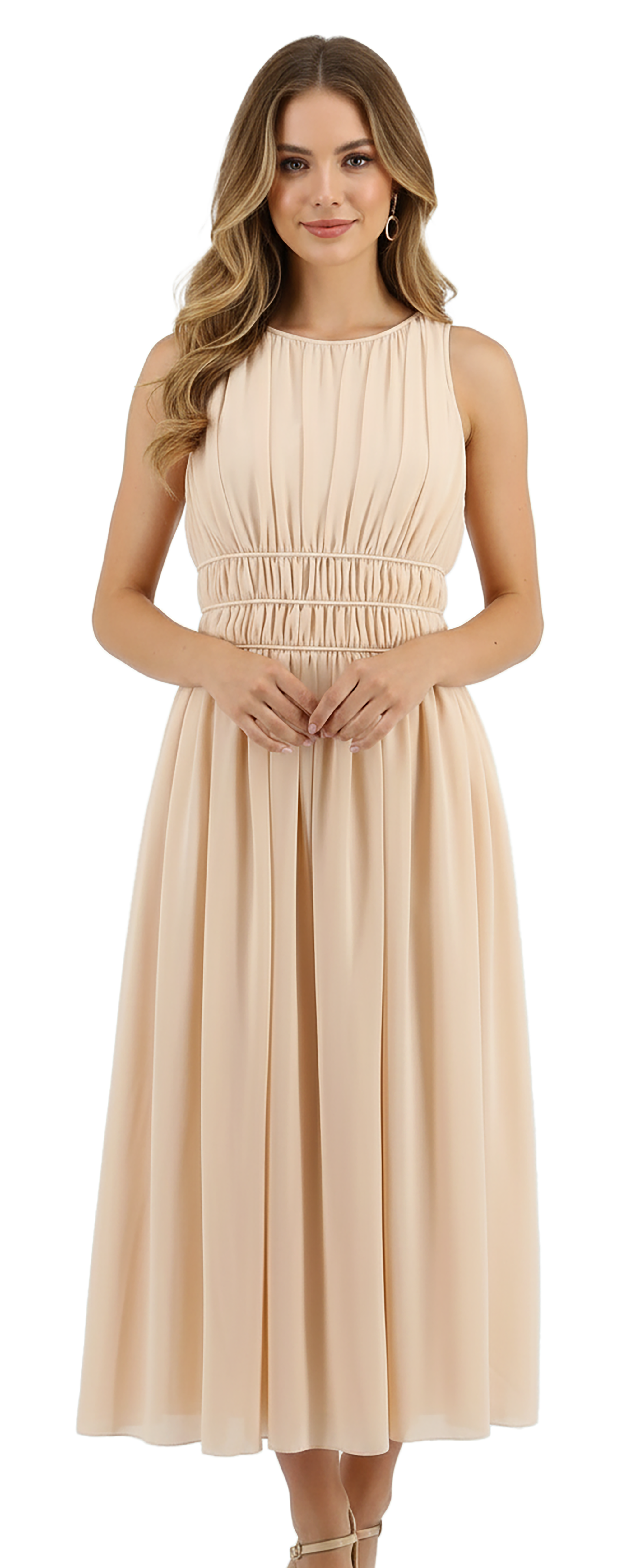 Emporio Armani Chiffon Silk Light Peach Midi Sleeveless Pleated Dress