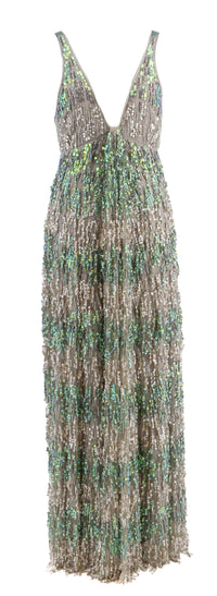 Emporio Armani Grey and Green Sequin Embellished Deep-V Silk Evening G –  Bluefly