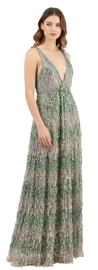 Emporio Armani Grey and Green Sequin Embellished Deep-V Silk Evening Gown