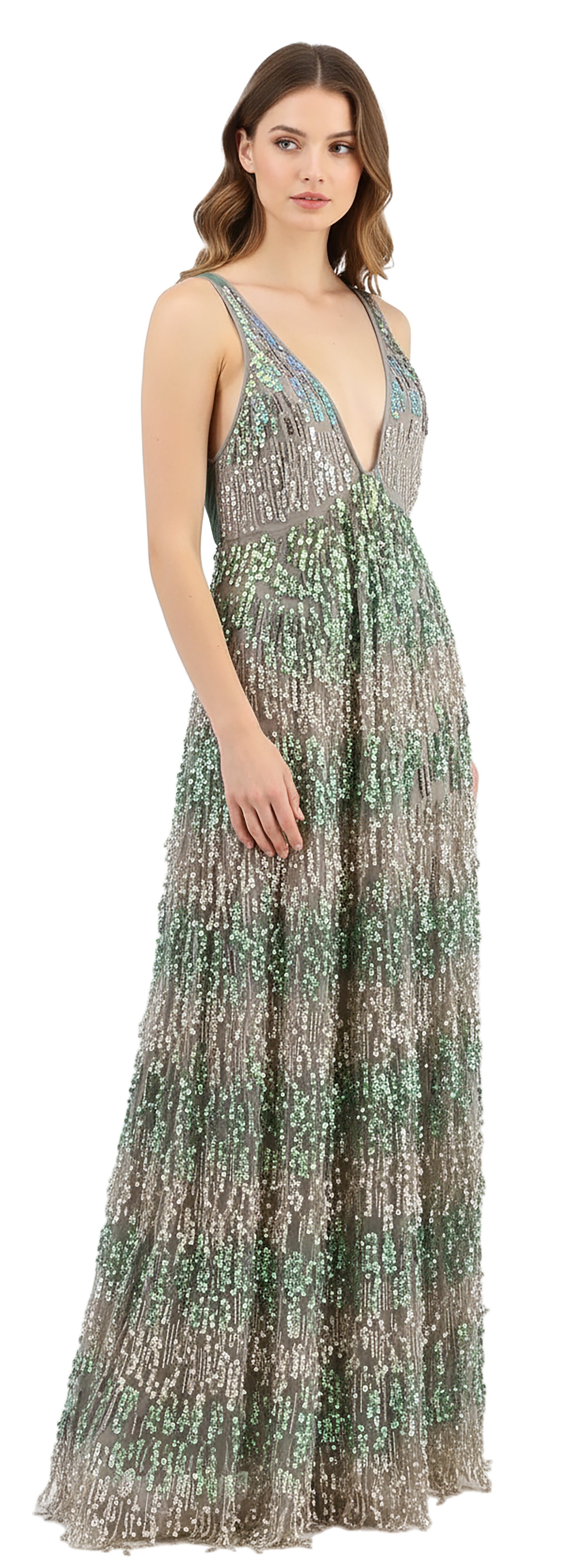 Emporio Armani Grey and Green Sequin Embellished Deep-V Silk Evening G –  Bluefly