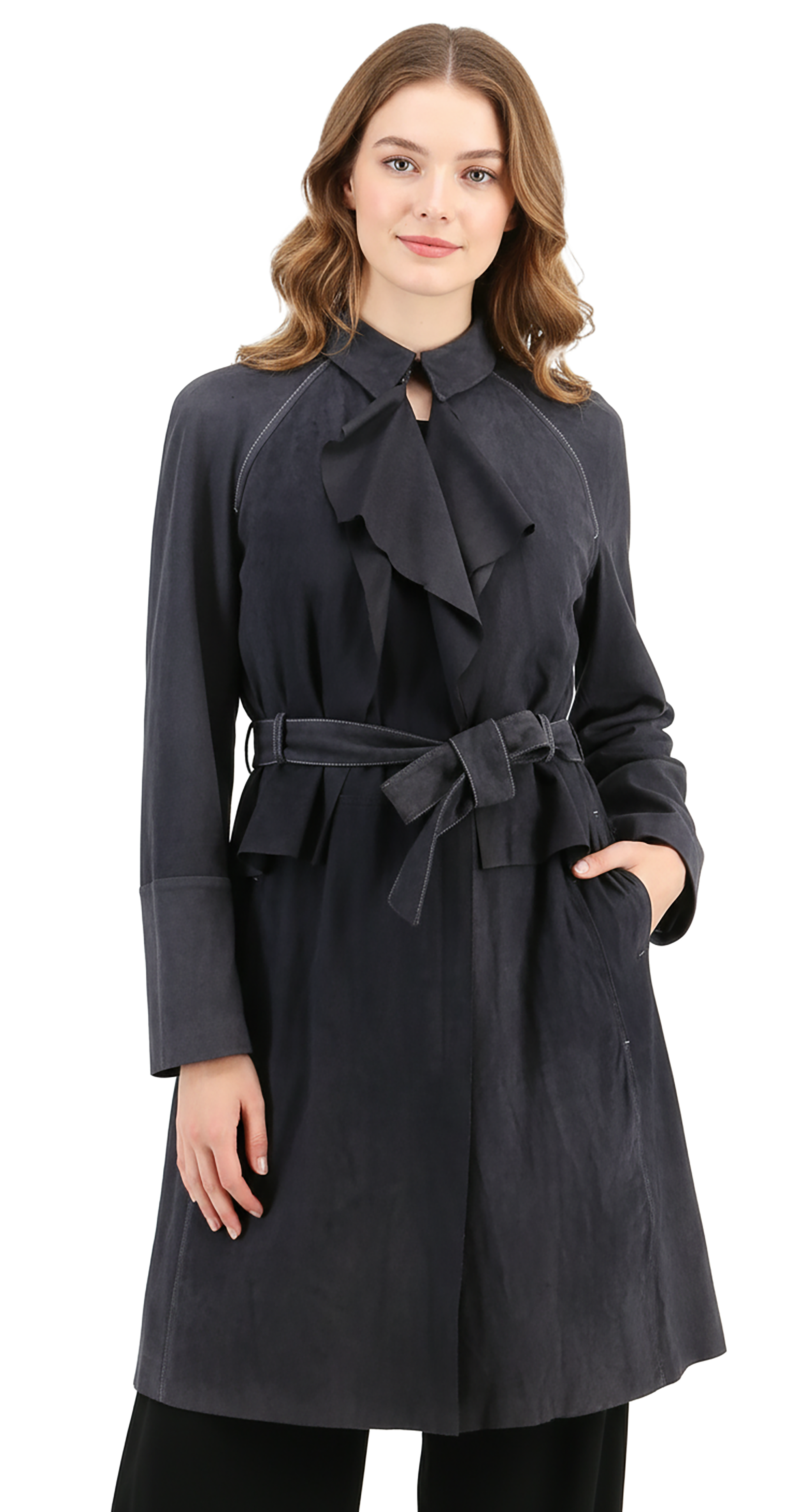 Emporio Armani Navy Blue Leather Womens Trench Coat