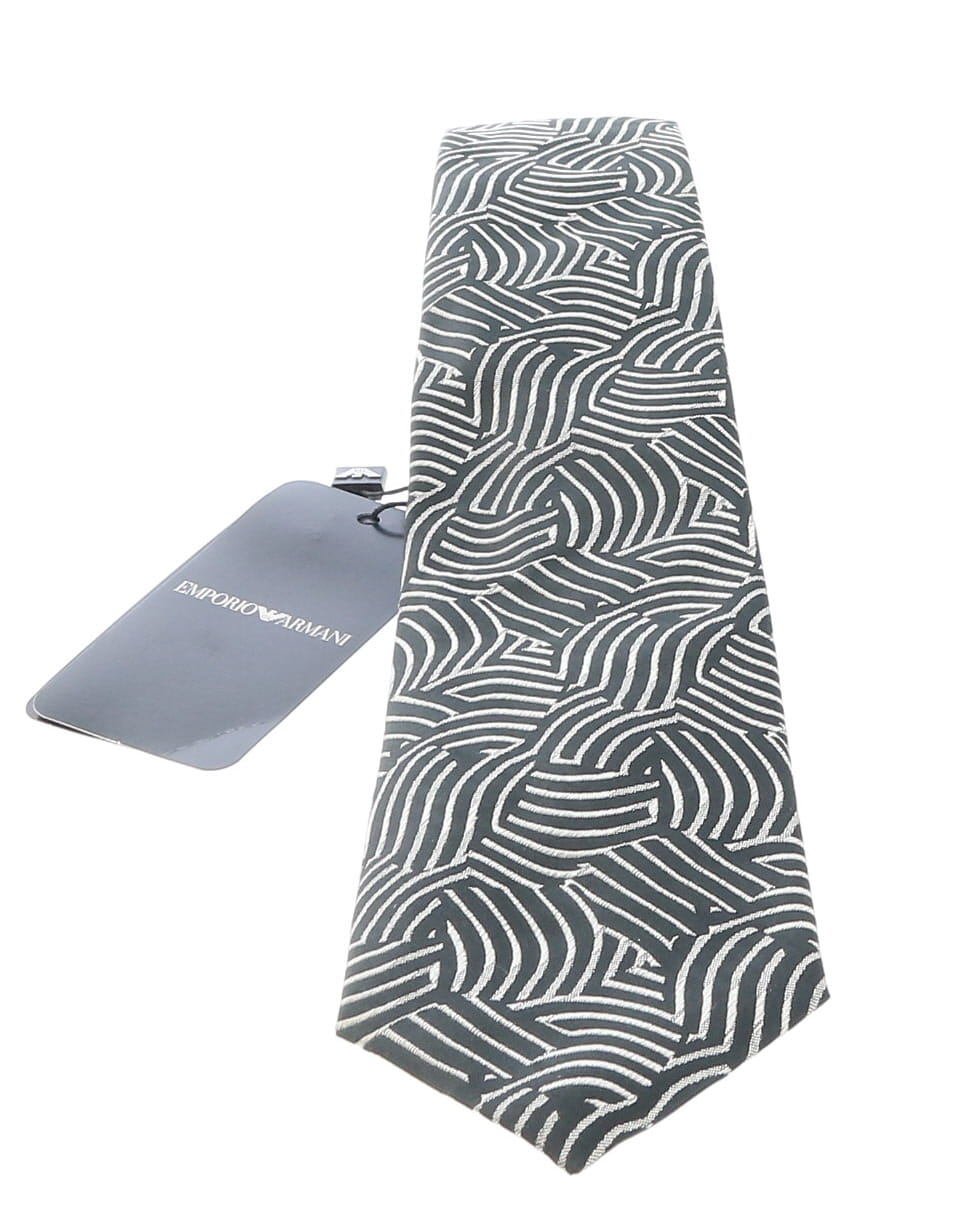 Emporio Armani Black Silver wave pattern 100% Silk Mens Tie