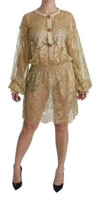Dolce & Gabbana Gold Lace See Through A-Line Knee Length Women's Dress
