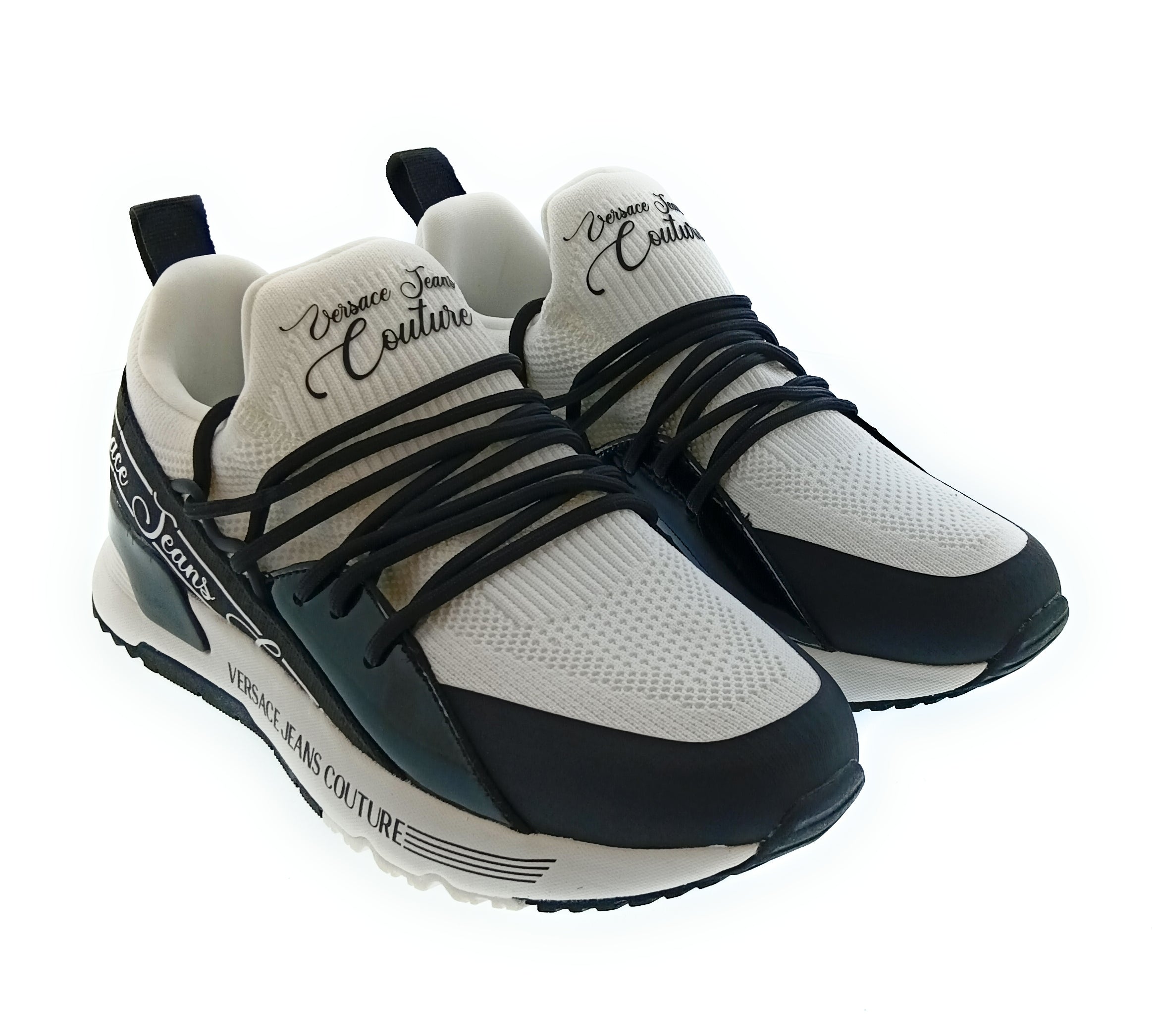 Versace Jeans Couture Women's White Black Knit Lace-Up Sneakers-