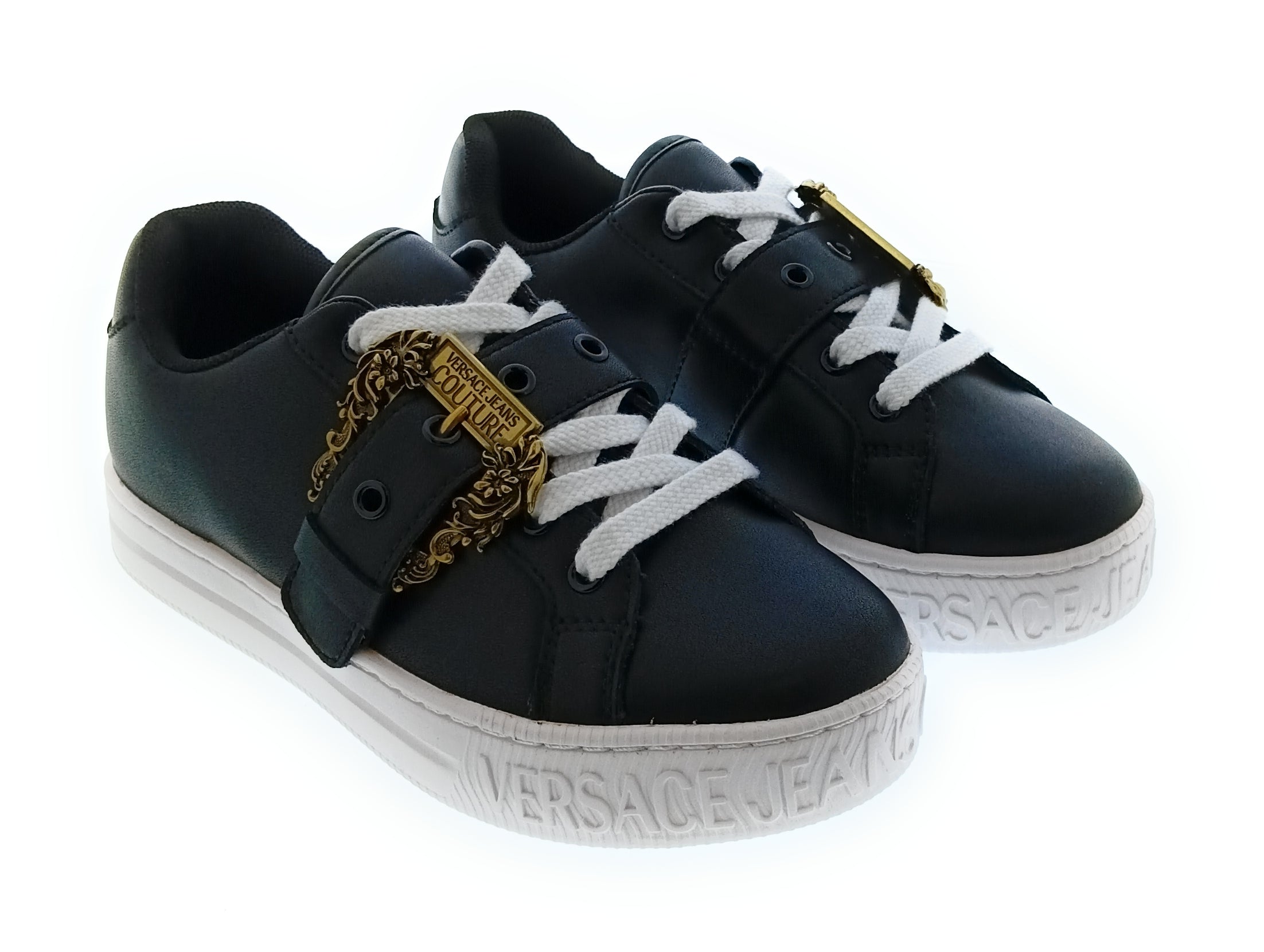 Versace Jeans Couture Women's Black Platform Sneakers with Gold Buckle-