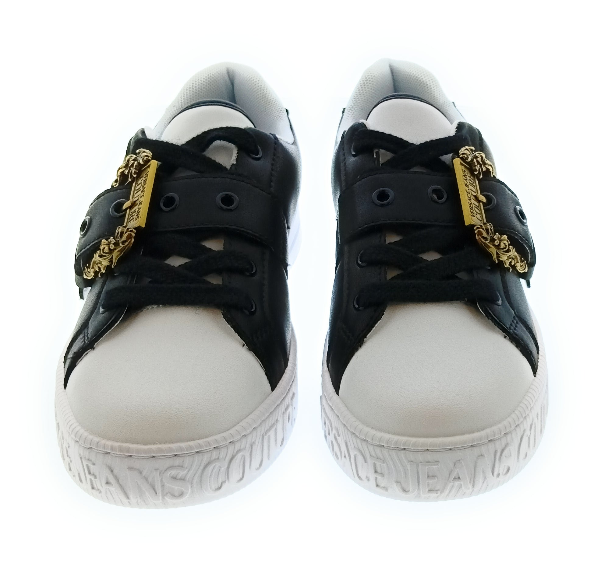 Versace Jeans Couture Women's Black and White Sneakers with Gold Buckle-