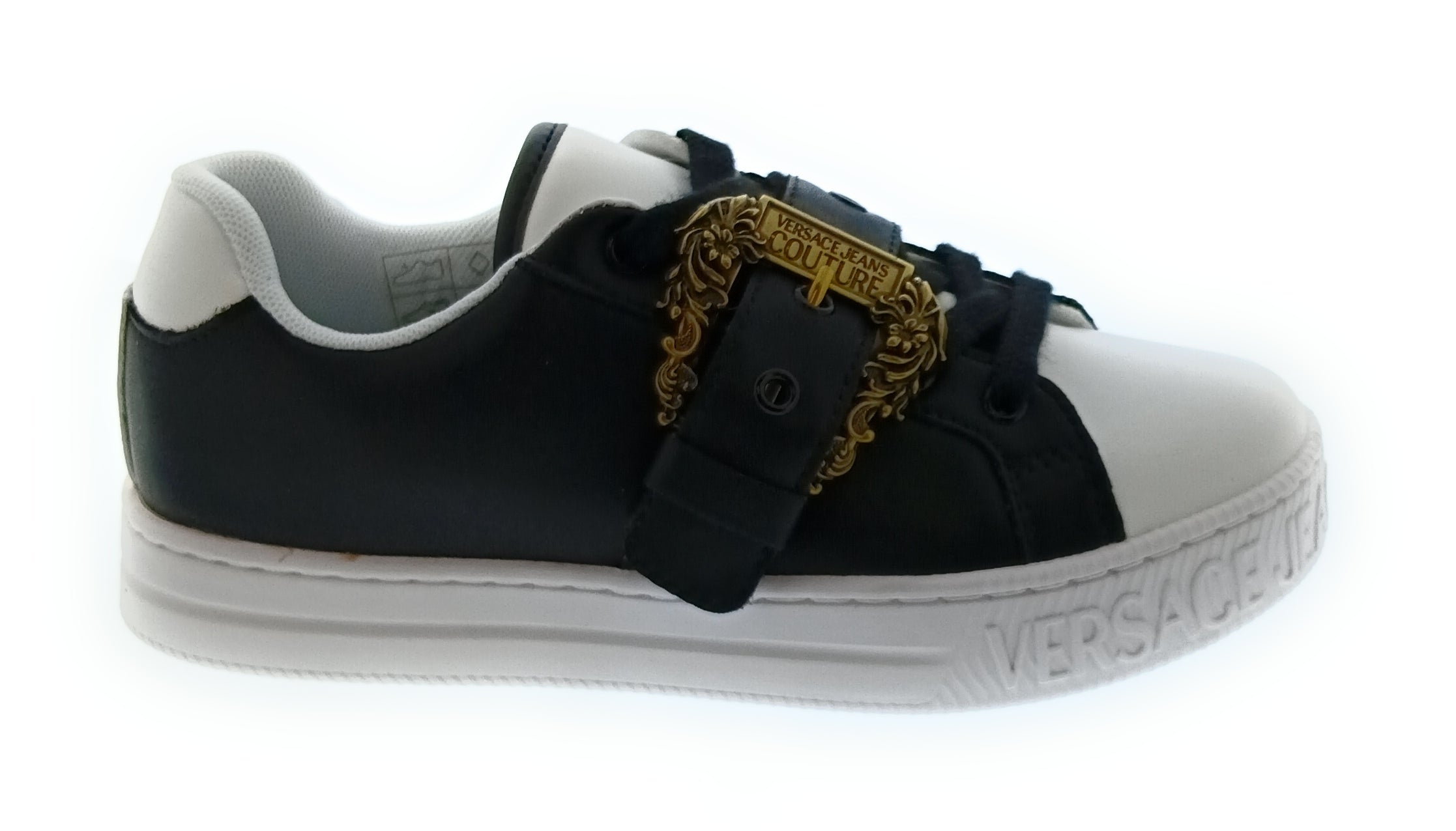 Versace Jeans Couture Women's Black and White Sneakers with Gold Buckle-