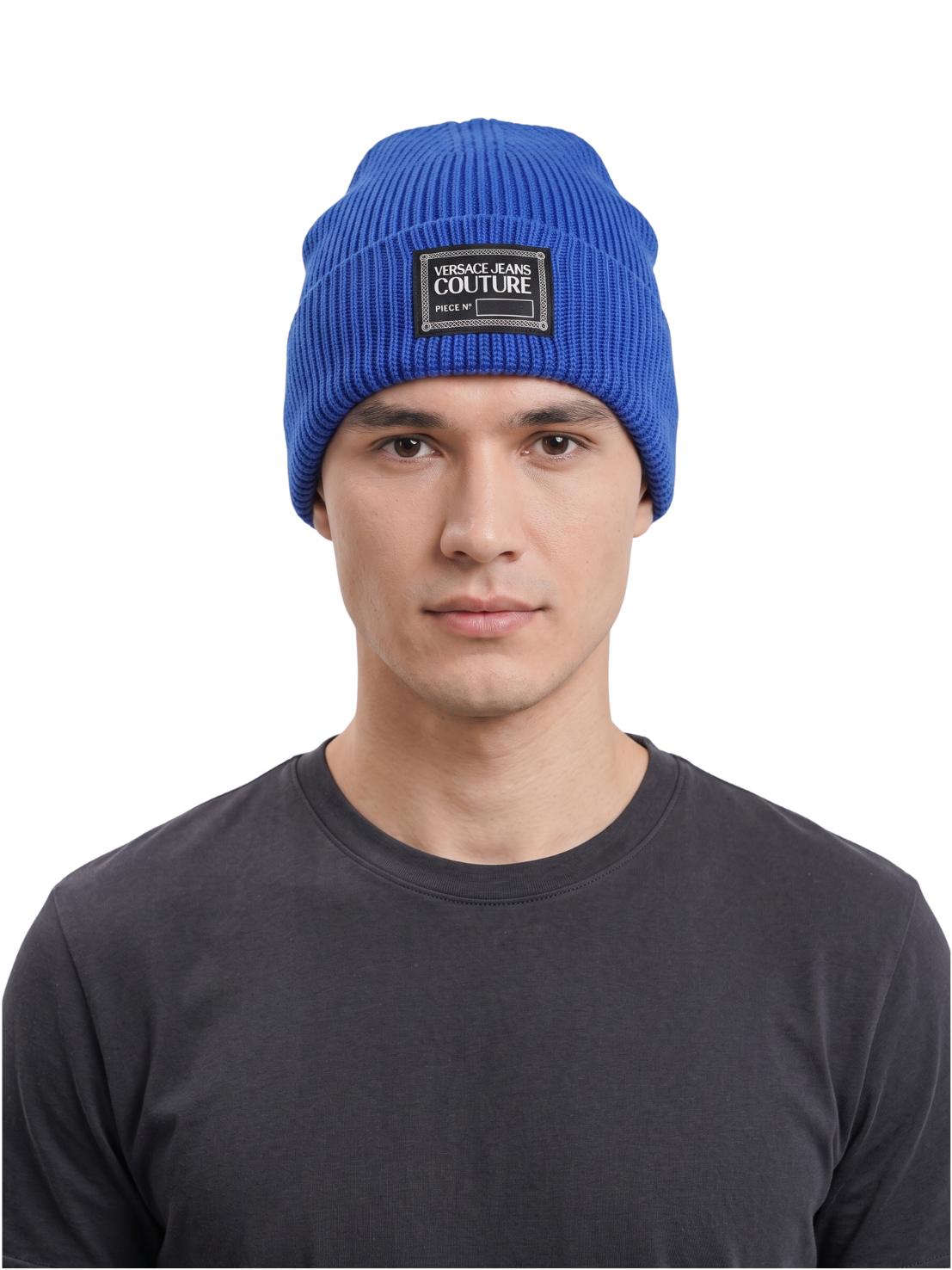 Versace Jeans Couture Men's Royal Blue Ribbed Knit Logo Patch Beanie