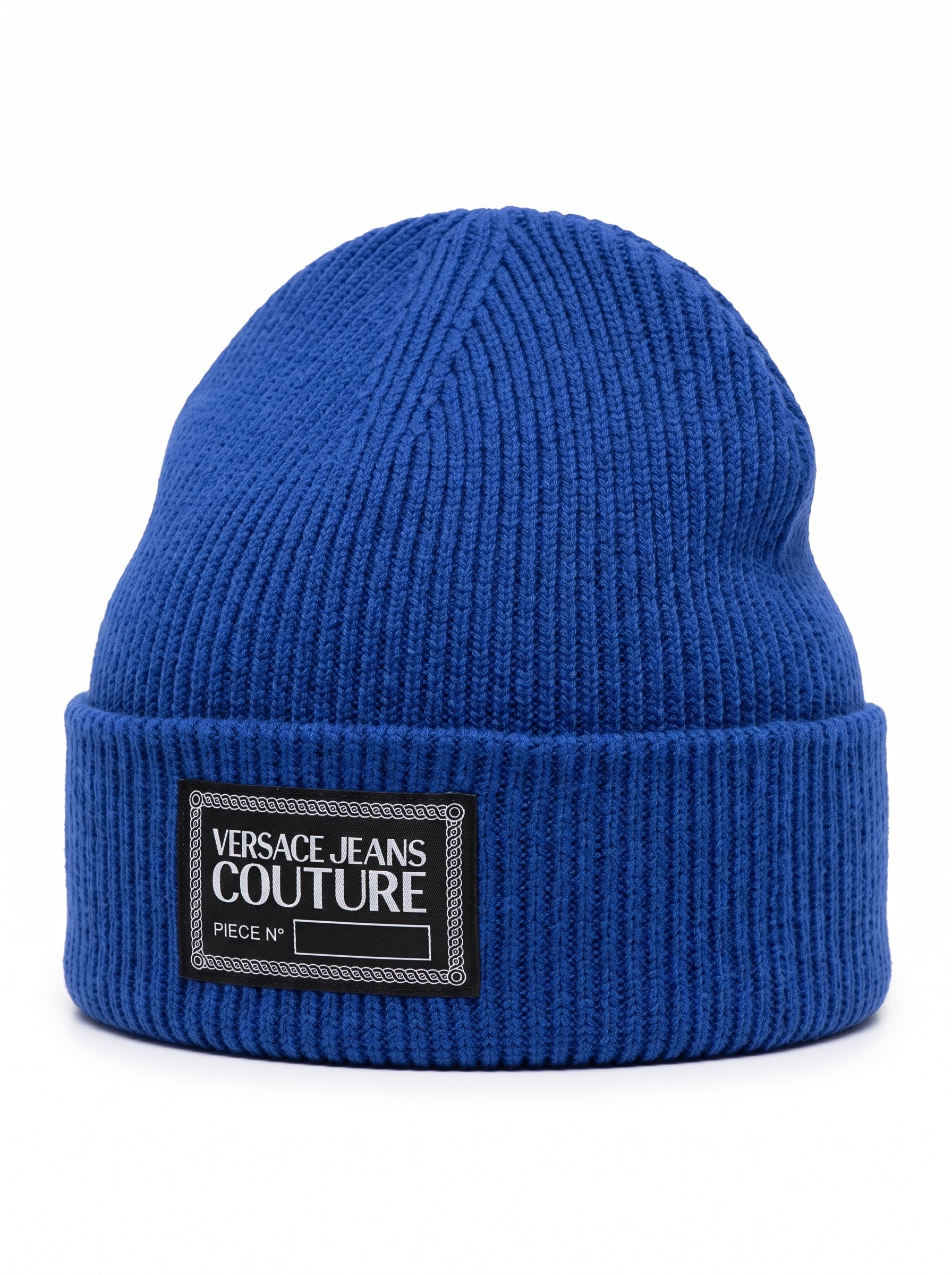 Versace Jeans Couture Men's Royal Blue Ribbed Knit Logo Patch Beanie