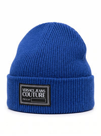 Versace Jeans Couture Men's Royal Blue Ribbed Knit Logo Patch Beanie