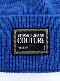 Versace Jeans Couture Men's Royal Blue Ribbed Knit Logo Patch Beanie