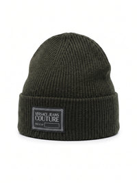 Versace Jeans Couture Men's Black Ribbed Knit Logo Patch Beanie