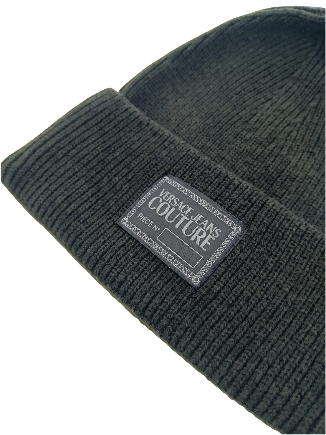 Versace Jeans Couture Men's Black Ribbed Knit Logo Patch Beanie