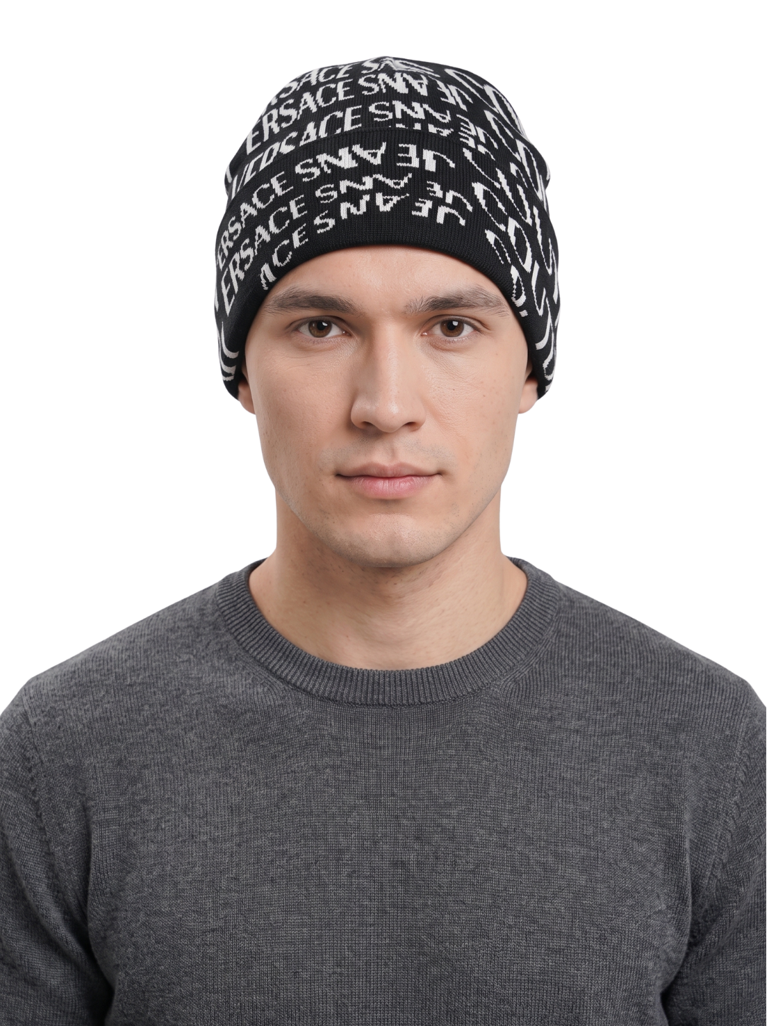 Versace Jeans Couture Men's Black and White Logo Knit Beanie