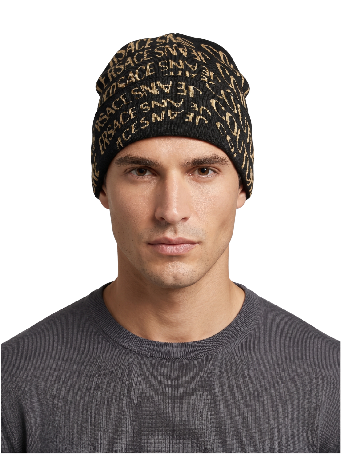 Versace Jeans Couture Men's Black and Gold Logo Knit Beanie