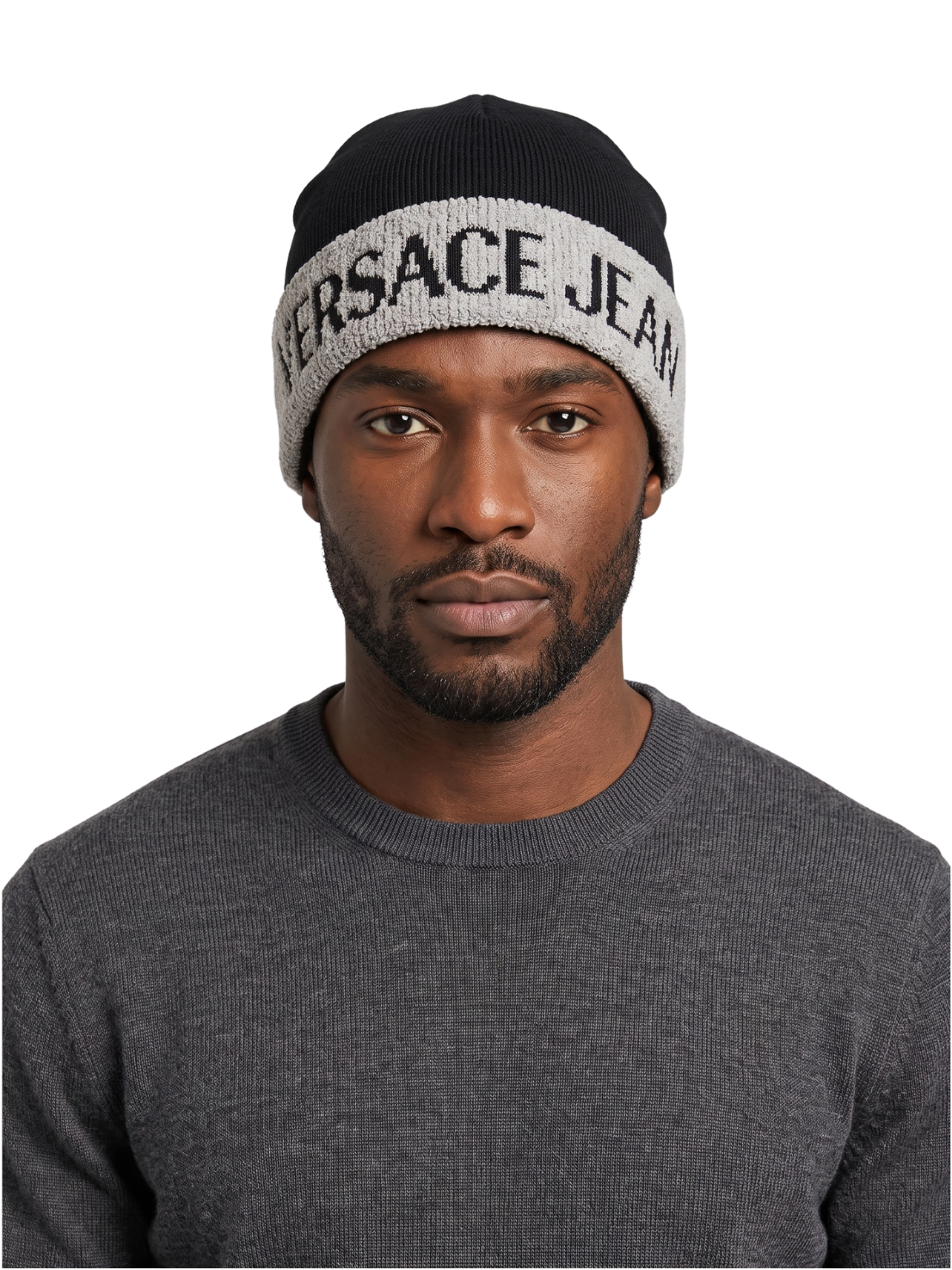 Versace Jeans Couture Men's Black and Grey Logo Cuff Knit Beanie