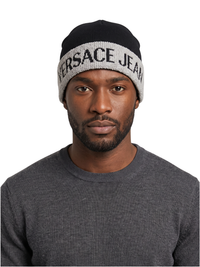 Versace Jeans Couture Men's Black and Grey Logo Cuff Knit Beanie