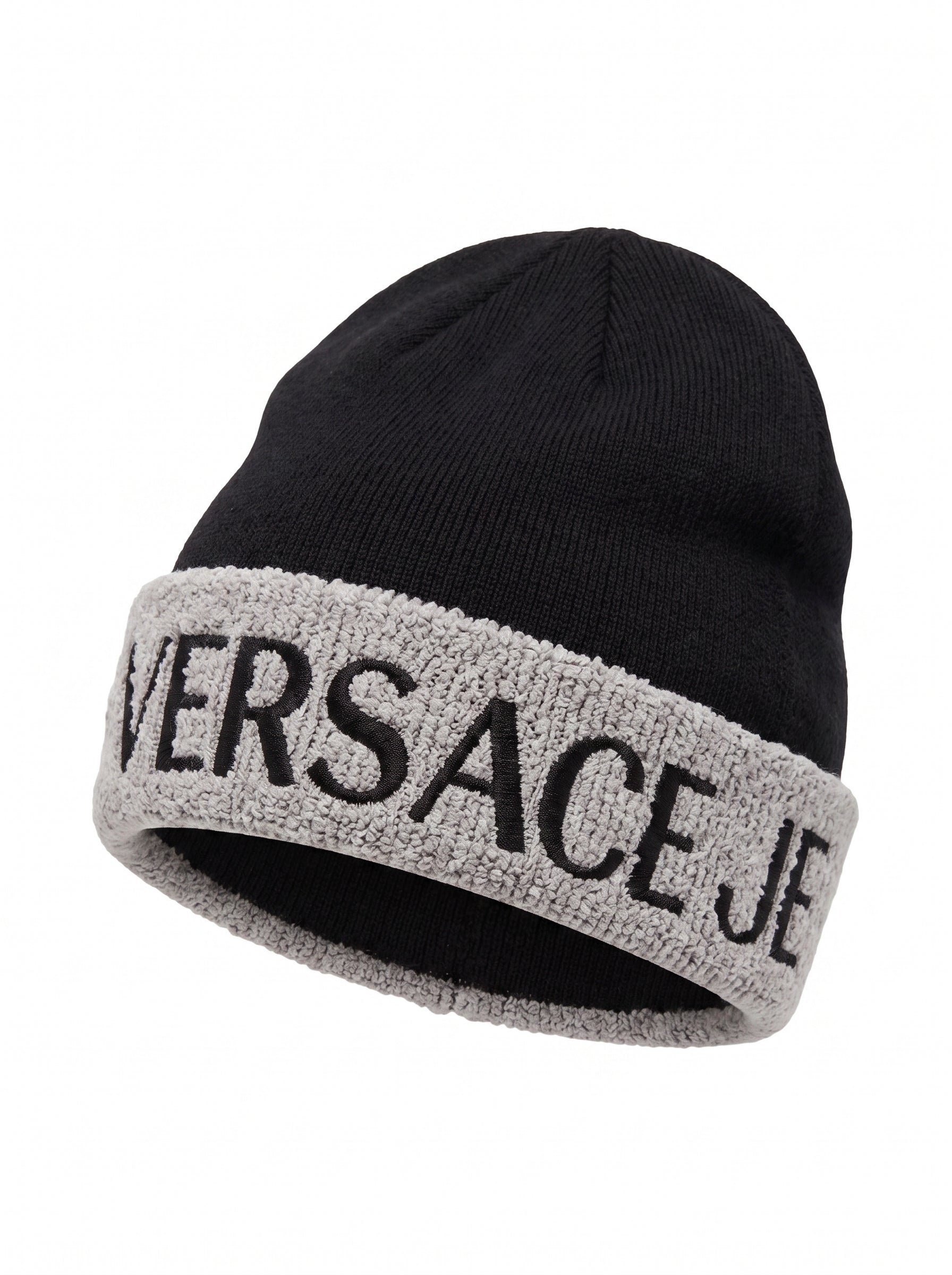 Versace Jeans Couture Men's Black and Grey Logo Cuff Knit Beanie