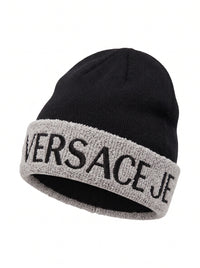Versace Jeans Couture Men's Black and Grey Logo Cuff Knit Beanie