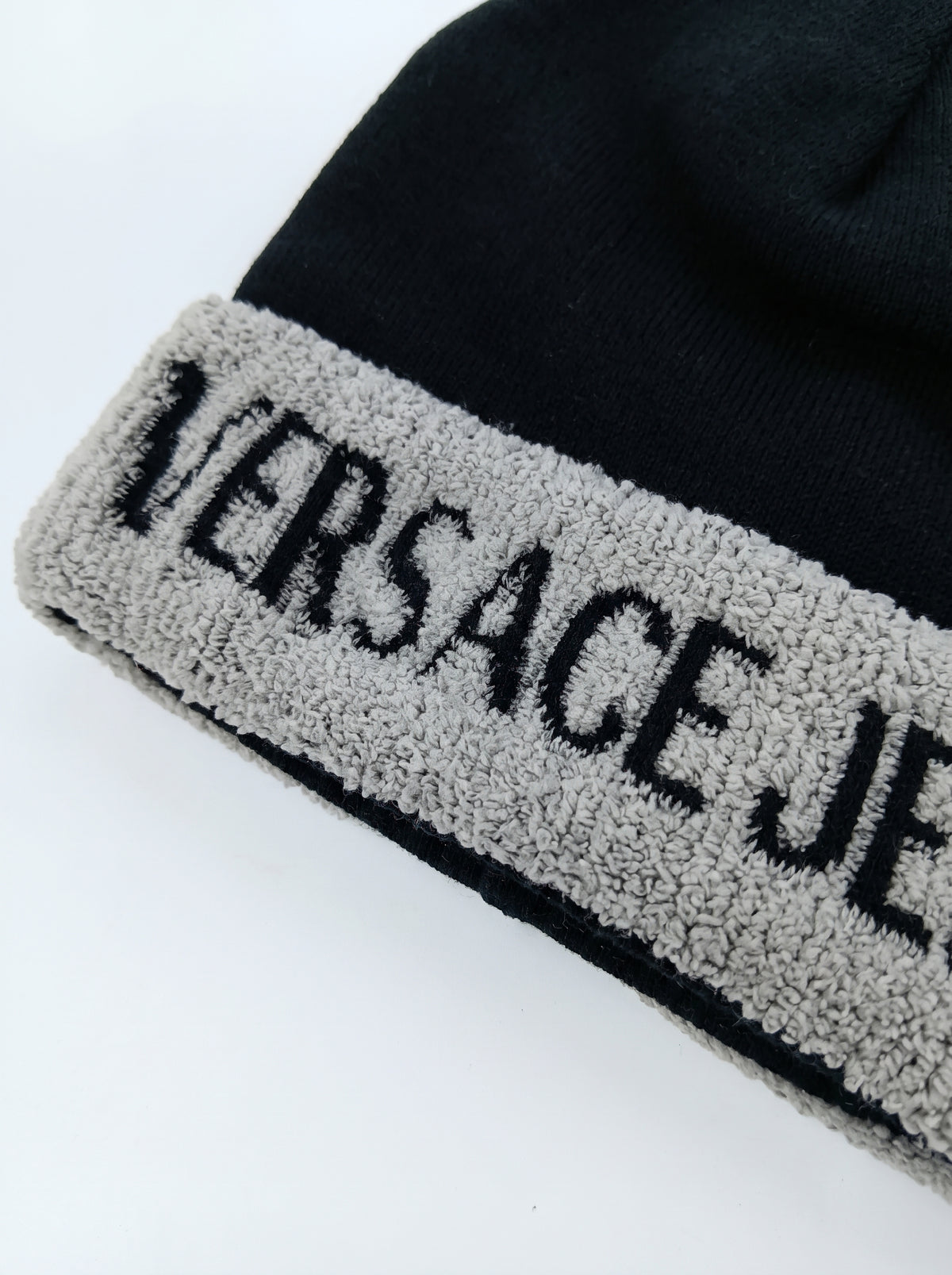 Versace Jeans Couture Men's Black and Grey Logo Cuff Knit Beanie