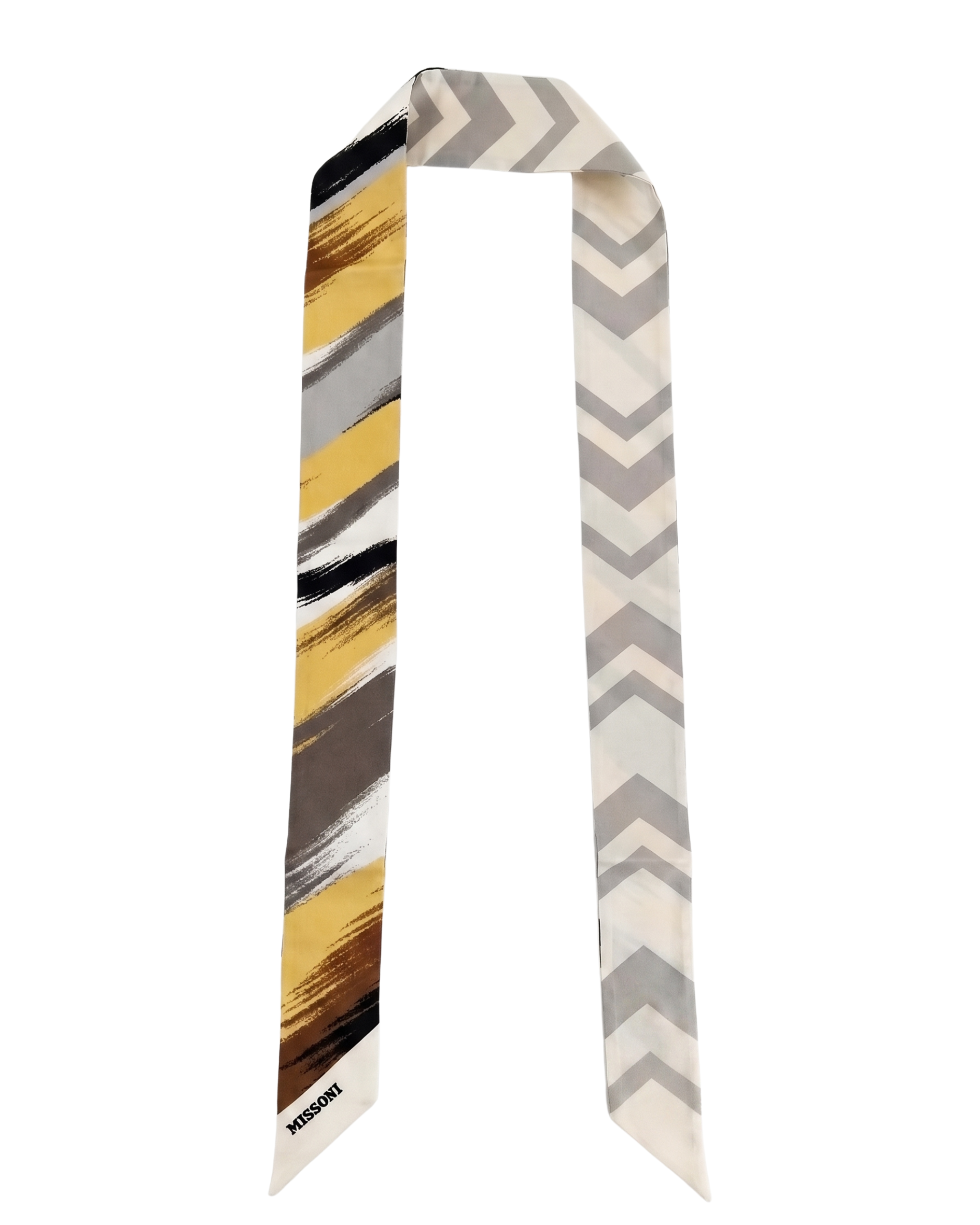 Missoni Yellow Grey Silk Reversible Chevron Ribbon Scarf