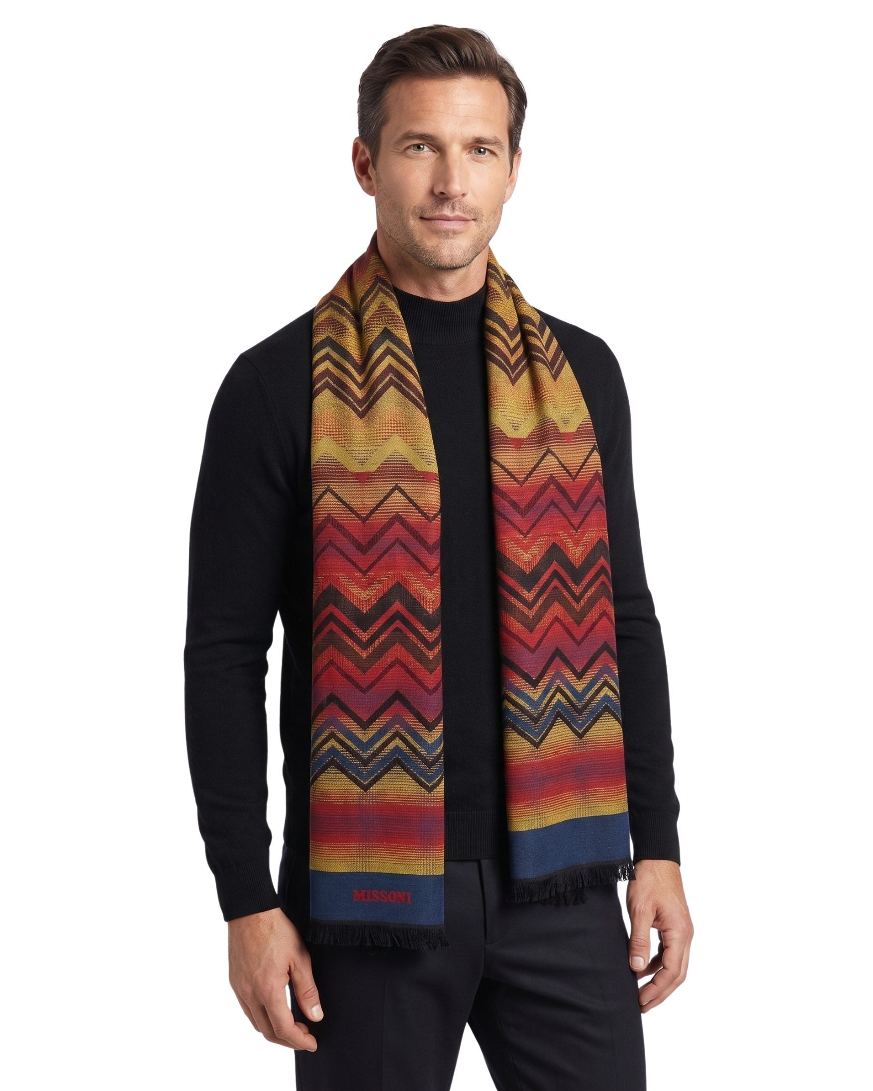 Missoni Missoni Navy Blue Red Classic Colorblock Wool Scarf