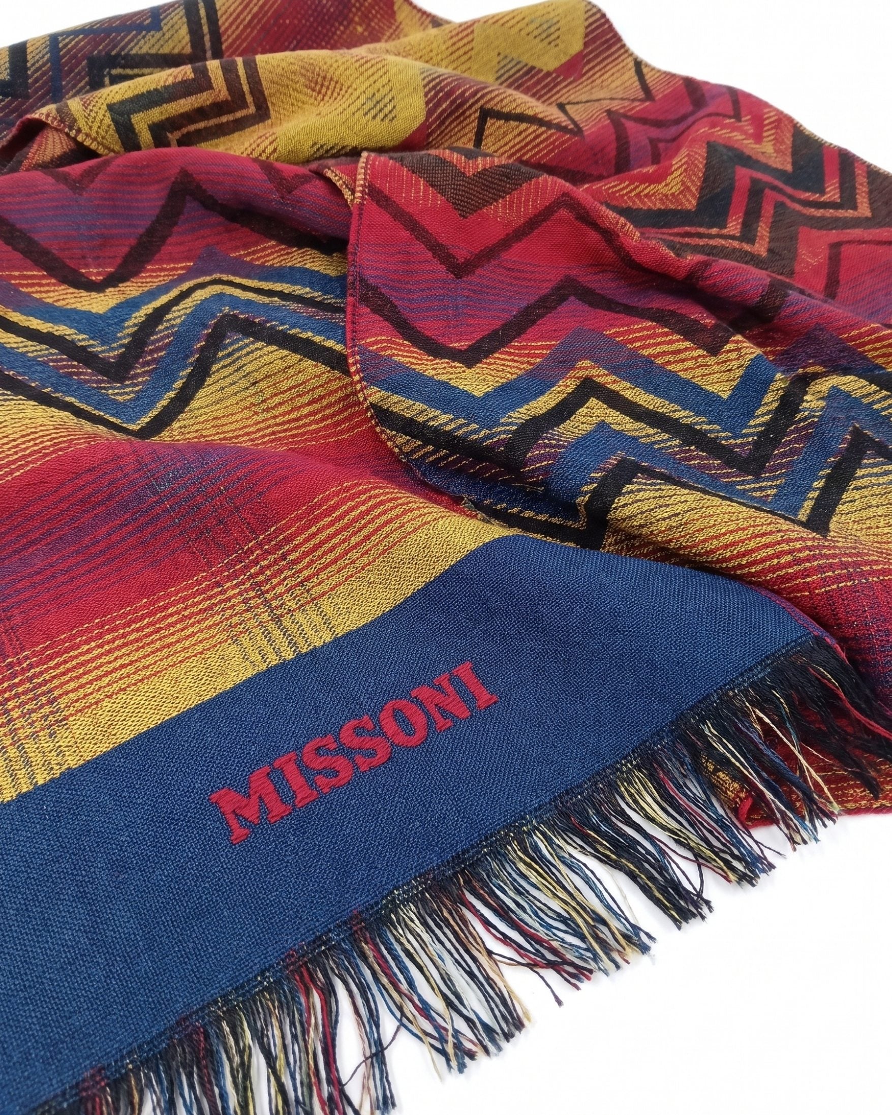 Missoni Missoni Navy Blue Red Classic Colorblock Wool Scarf