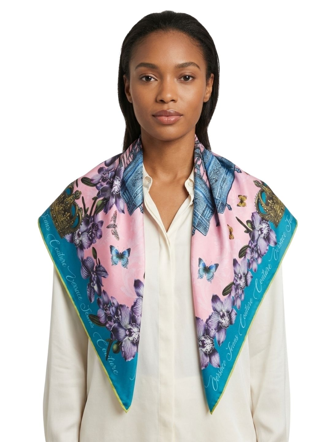 Versace Jeans Couture Women's Teal Pink Silk Birdcage Scarf