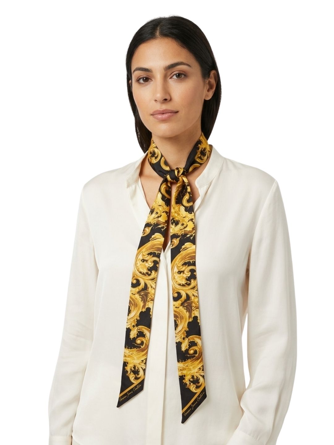 Versace Jeans Couture Women's Black Gold Silk Skinny Scarf 70.9 x 6.3 in