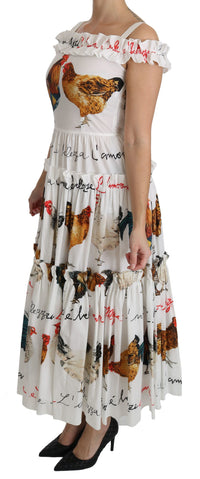 Dolce & Gabbana White Rooster Sheath Midi Cotton Women's Dress