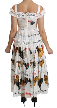 Dolce & Gabbana White Rooster Sheath Midi Cotton Women's Dress