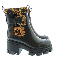 Versace Jeans Couture Womens Black Gold Baroque Lug Ankle Boots