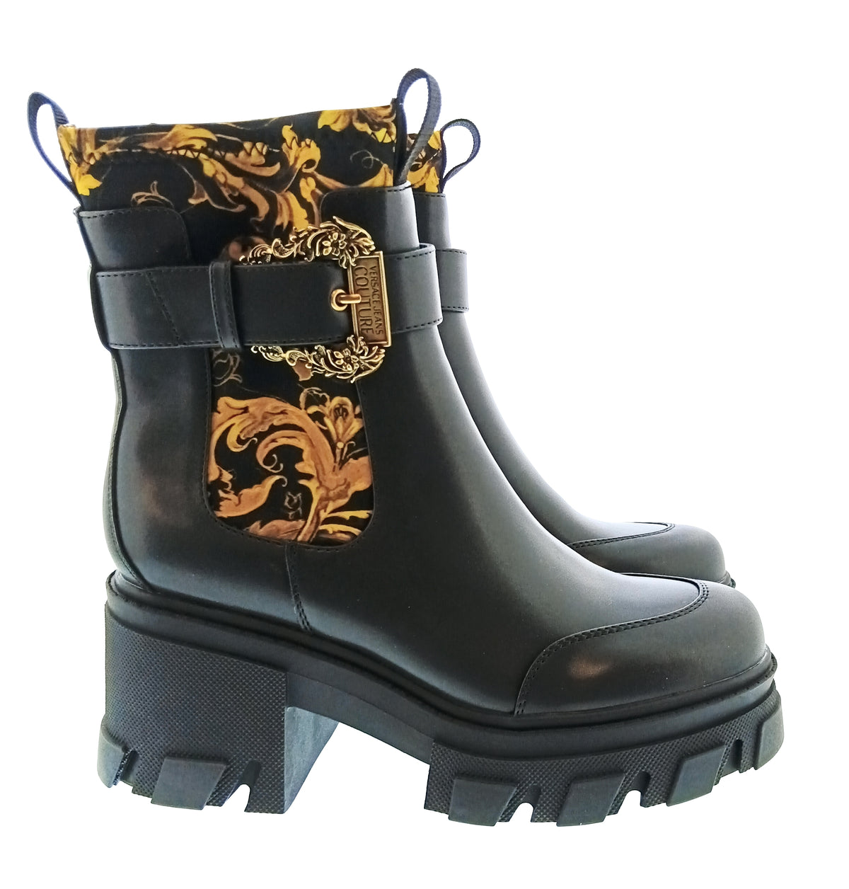 Versace Jeans Couture Womens Black Gold Baroque Lug Ankle Boots