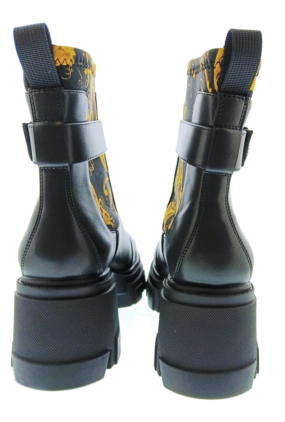 Versace Jeans Couture Womens Black Gold Baroque Lug Ankle Boots