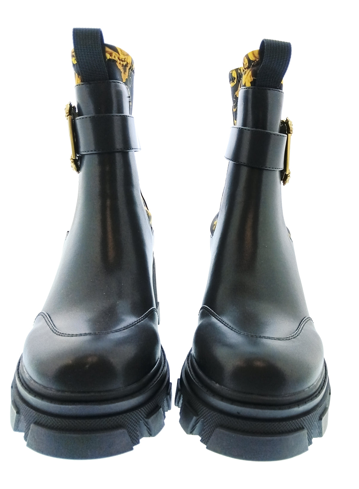 Versace Jeans Couture Womens Black Gold Baroque Lug Ankle Boots