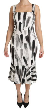 Dolce & Gabbana White Black Printed Sheath Midi Viscose Women's Dress