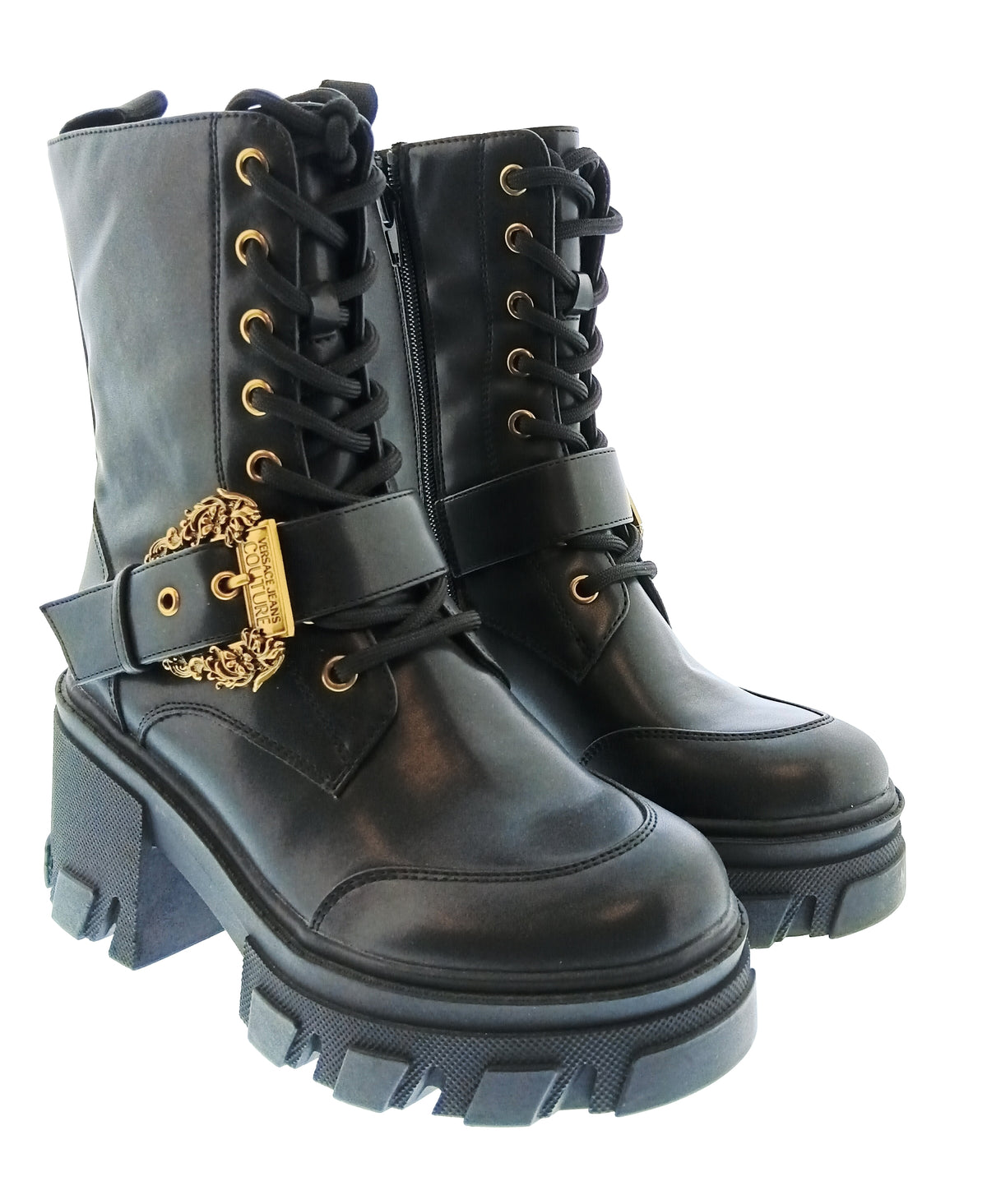Versace Jeans Couture Womens Black Lace Up Buckle Lug Ankle Boots