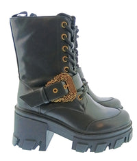 Versace Jeans Couture Womens Black Lace Up Buckle Lug Ankle Boots