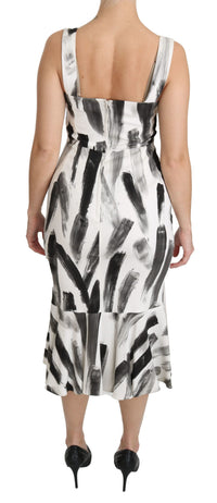 Dolce & Gabbana White Black Printed Sheath Midi Viscose Women's Dress