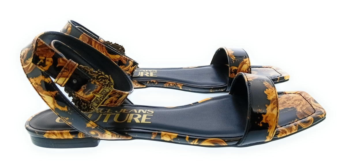 Versace Jeans Couture Womens Black Gold Baroque Flat Sandals