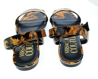 Versace Jeans Couture Womens Black Gold Baroque Flat Sandals