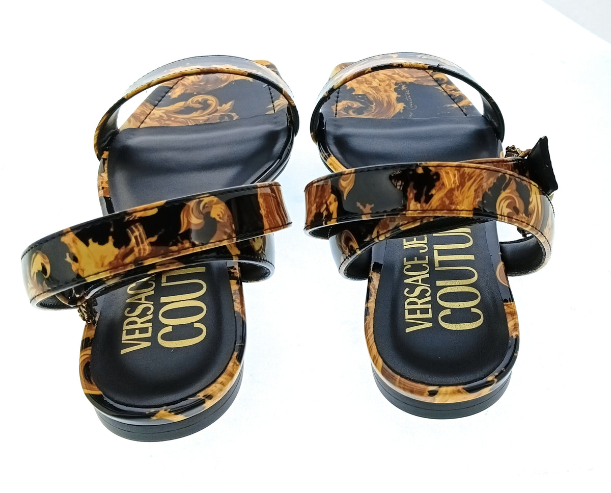 Versace Jeans Couture Womens Black Gold Baroque Flat Sandals