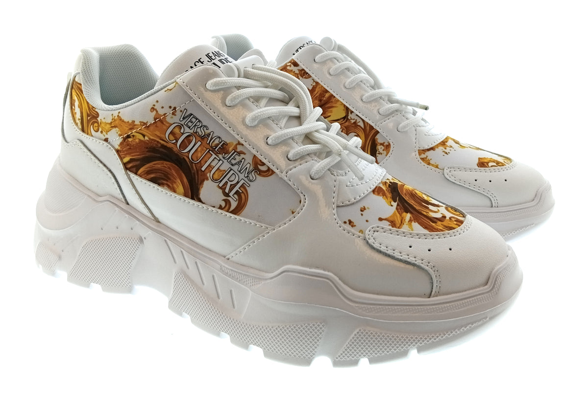 Versace Jeans Couture Womens White Gold Baroque Chunky Sneakers