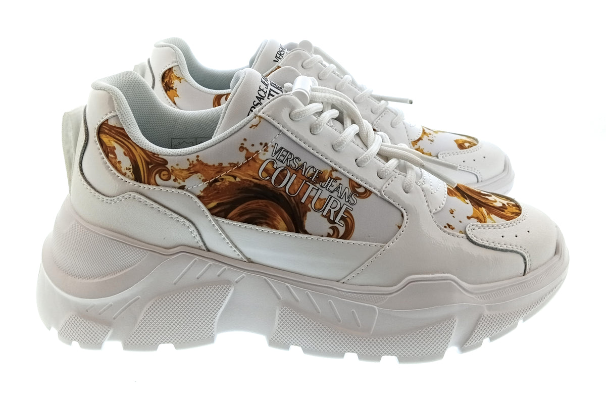 Versace Jeans Couture Womens White Gold Baroque Chunky Sneakers