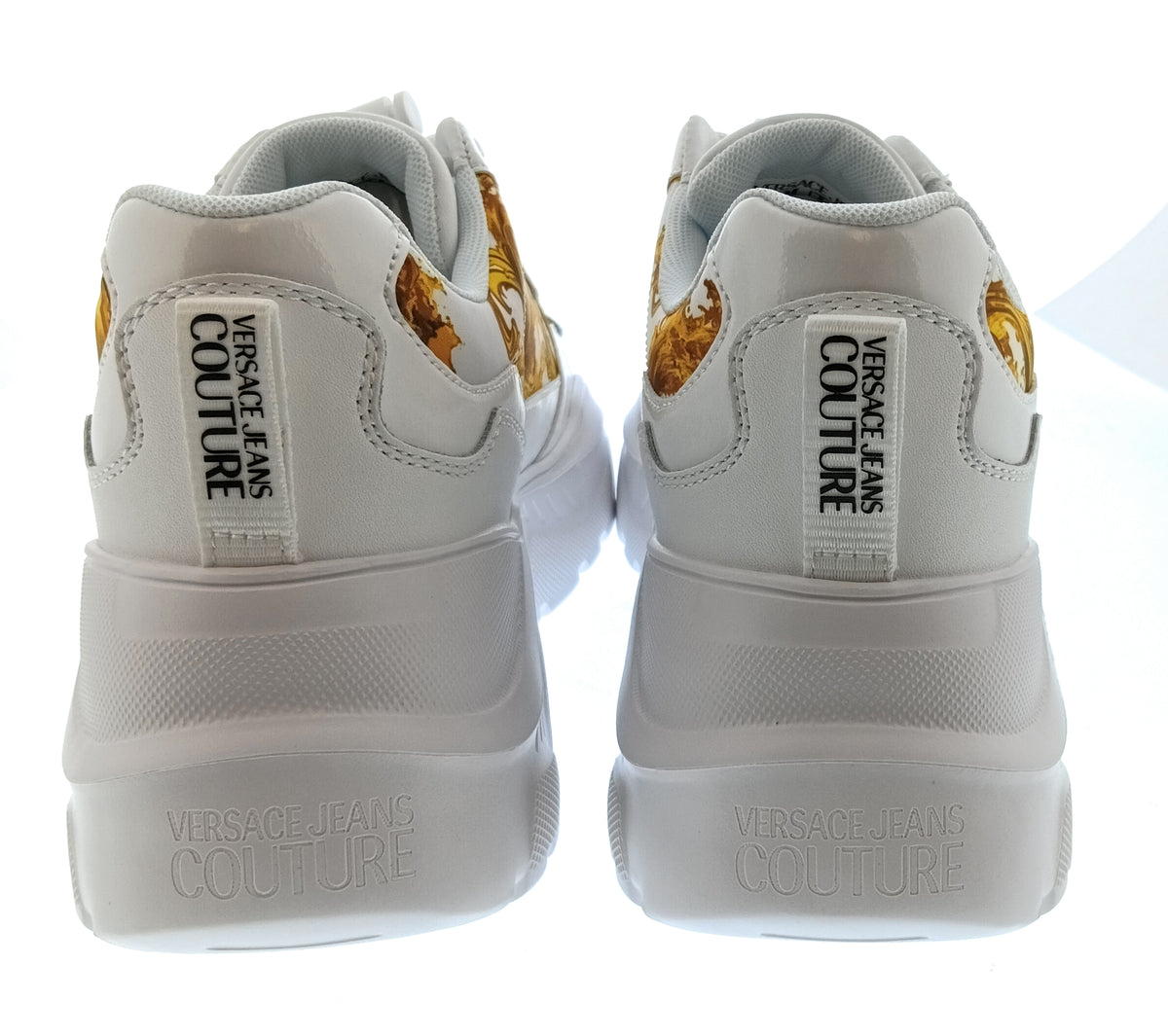 Versace Jeans Couture Womens White Gold Baroque Chunky Sneakers