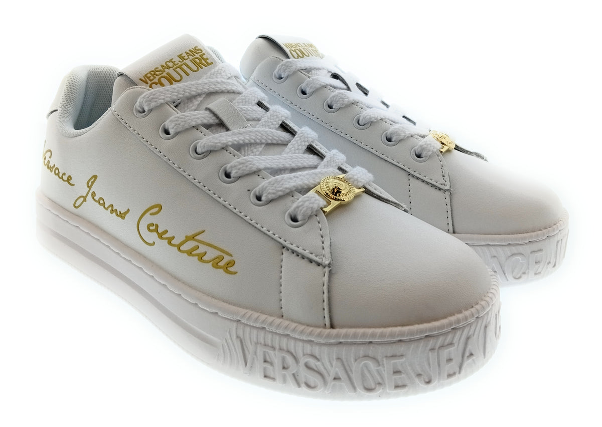 Versace Jeans Couture Womens White Gold Script Platform Sneakers