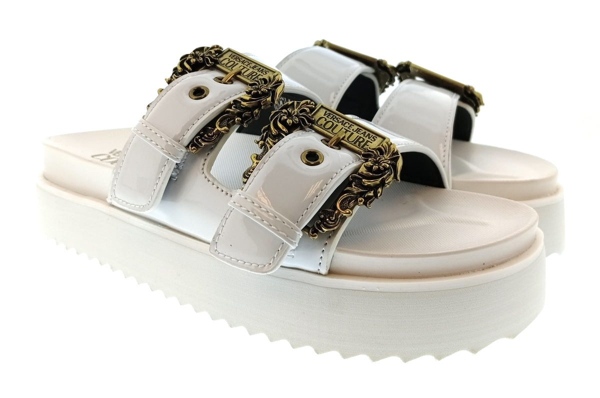 Versace Jeans Couture Womens White Double Buckle Platform Slide Sandals-