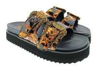 Versace Jeans Couture Womens Black Gold Print Platform Slide Sandals-